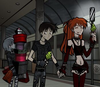 1boy 2girls :p alternate_costume arm_warmers ayanami_rei bag bare_shoulders belt bisotin_(bisobisobro) black_choker black_nails black_pantyhose black_shirt black_shorts blue_eyes blue_hair body_freckles bone_print box box_stack bracelet brown_hair choker closed_eyes closed_mouth collar collarbone commentary crop_top cross cross_choker cross_necklace denim earclip earrings english_commentary fingerless_gloves food freckles g-string gloves grey_gloves grey_pants grin hair_between_eyes hair_ornament handbag head_tilt highres holding holding_bag holding_box holding_hands holding_ice_cream_cone ice_cream ice_cream_cone ikari_shinji interface_headset_(evangelion) jeans jewelry long_hair long_sleeves looking_at_another matcha_(food) multiple_girls navel_piercing necklace neon_genesis_evangelion nervous_smile orange_hair oversized_clothes pants pantyhose pantyhose_under_shorts piercing print_shirt red_eyes red_pantyhose shirt shopping_bag short_hair short_shorts short_sleeves shorts skull_and_crossbones skull_print sleeves_past_fingers sleeves_past_wrists smile souryuu_asuka_langley spiked_bracelet spiked_collar spikes striped_arm_warmers striped_clothes striped_gloves striped_pantyhose striped_sweater studded_belt studded_bracelet sweatdrop sweater tattoo_choker thong tongue tongue_out torn_clothes torn_jeans torn_pants torn_pantyhose torn_shorts torn_sweater train_station two_side_up
