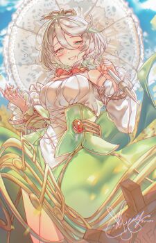 1girl :d absurdres alternate_breast_size_(larger) ascot back_bow blue_sky bow braid breasts brooch cecilia_immergreen cecilia_immergreen_(1st_costume) colored_inner_hair commentary_request corset cross-laced_clothes cross-laced_corset day detached_sleeves doll doll_joints double-parted_bangs gears gold_trim green_corset green_eyes green_hair green_skirt grey_hair grin hair_between_eyes highres holding holding_umbrella hololive hololive_english jewelry joints large_bow long_sleeves looking_at_viewer medium_breasts multicolored_hair open_mouth outdoors parasol puffy_long_sleeves puffy_sleeves red_ascot shirt short_hair side_braid single_braid skirt sky smile solo strapless strapless_shirt streaked_hair umbrella virtual_youtuber white_shirt white_sleeves winding_key yeuyes