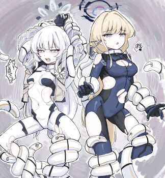 2girls blonde_hair blue_archive blue_bodysuit blue_eyes bodysuit breasts cleavage commentary_request distorted_halo eiraku_tee halo highres himari_(armed)_(blue_archive) himari_(blue_archive) long_hair medium_breasts mole mole_under_eye multiple_girls navel pointy_ears small_breasts sweat tentacle_in_ear tentacles toki_(armed)_(blue_archive) toki_(blue_archive) torn_bodysuit torn_clothes white_bodysuit white_eyes white_hair