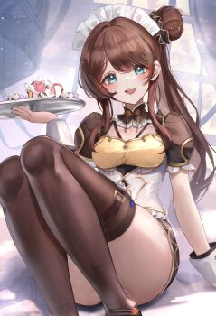 1girl absurdres aqua_eyes black_collar breasts brown_hair chinese_clothes collar cup floral_print frilled_collar frills hair_bun highres holding holding_tray long_hair maid maid_headdress maison_de_cante mole mole_under_mouth nijisanji open_mouth qi_maid shiga_riko solo teacup teapot thighhighs thighs tray virtual_youtuber white_wrist_cuffs wrist_cuffs