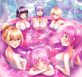 6+girls :d aikawa_megumi asakura_karen_(heaven_burns_red) atnamiret bath bathing black_hair blonde_hair blue_eyes blue_hair blush breasts brown_eyes cleavage closed_eyes collarbone double_bun green_eyes hair_bun hair_over_one_eye heaven_burns_red izumi_yuki_(heaven_burns_red) kayamori_ruka kunimi_tama large_breasts long_hair looking_at_viewer medium_breasts multiple_girls naked_towel onsen open_mouth partially_submerged pink_hair ponytail purple_hair short_hair siblings sidelocks single_hair_bun sisters smile steam toujou_tsukasa towel towel_on_head water yellow_eyes