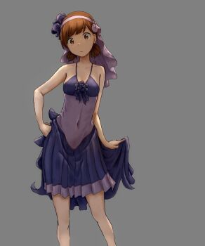 1girl blue_dress blue_flower blue_rose blurry blurry_background blush bracelet breasts brown_eyes brown_hair cleavage closed_mouth commentary_request dress feet_out_of_frame flower grey_background halterneck hand_on_own_hip highres jewelry looking_at_viewer medium_breasts misaka_mikoto navel official_alternate_costume out_of_frame purple_dress purple_veil rose see-through_clothes see-through_dress simple_background sleeveless sleeveless_dress solo standing stomach tatararashi toaru_majutsu_no_index toaru_majutsu_no_index:_new_testament veil