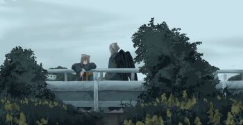 2girls against_railing beanie black_wings brown_hair bush closed_mouth earflap_beanie expressionless feathered_wings flower grass green_jacket grey_hair grey_hat grey_sky hat highres jacket multiple_girls original outdoors overcast railing sky wings yellow_flower yoshiryuu