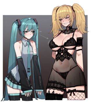 2girls absurdres ani_(xai) aqua_eyes aqua_hair aqua_necktie arrow_(symbol) asymmetrical_legwear bare_shoulders black_bra black_panties blonde_hair blush bra breast_envy breasts covered_navel detached_sleeves fishnet_thighhighs fishnets grey_shirt hashtag-only_commentary hatsune_miku headset highres lace lace_bra lace_panties large_breasts lingerie long_hair long_sleeves looking_at_another multiple_girls necktie panties ratatatat74 see-through_clothes shirt sleeveless sleeveless_shirt small_breasts smile thighhighs twintails twitter underwear very_long_hair vocaloid xai_(company)