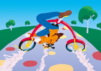 1boy akira_(manga) akira_slide bicycle bicycle_helmet blue_pants blue_sky brown_shoes brown_vest buck_teeth commentary disney dog_boy electricity english_commentary furry furry_male goofball_paul goofy gradient_background helmet highres male_focus mickey_mouse_&amp;_friends no_lineart orange_shirt pants path polka_dot road shirt shoes sky smoke solo teeth tree turtleneck upside-down vest