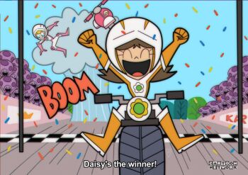 2girls biker_clothes biker_daisy biker_peach bikesuit blue_eyes bodysuit boots brown_hair cartoon_network cartoonized closed_eyes confetti domestic_maid driving helmet long_hair mario_(series) mario_kart motor_vehicle motorcycle multiple_girls nintendo open_clothes orange_boots princess_daisy princess_peach racing smile toad_(mario) toon_(style)