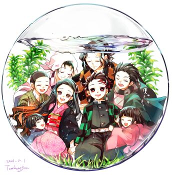 air_bubble artist_name black_hair black_pants bubble child closed_eyes closed_mouth dated fishbowl full_body gakuran highres holding_hands japanese_clothes kamado_hanako kamado_kie kamado_nezuko kamado_rokuta kamado_shigeru kamado_takeo kamado_tanjirou kamado_tanjurou kimetsu_no_yaiba kimono kneeling long_hair long_sleeves looking_at_viewer multiple_boys multiple_girls open_mouth pants pink_kimono red_eyes school_uniform seaweed short_hair simple_background smile tomkureson water white_background