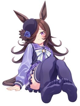 1girl animal_ears blue_flower blue_rose blush bow bowtie brown_hair closed_mouth commentary_request flipped_hair flower full_body hair_over_one_eye hat hat_flower highres hokuyukis horse_ears horse_girl horse_tail long_hair long_sleeves looking_at_viewer pleated_skirt purple_eyes purple_sailor_collar purple_serafuku purple_shirt purple_skirt purple_thighhighs rice_shower_(umamusume) rose sailor_collar sailor_shirt school_uniform serafuku shirt simple_background skirt solo tail thighhighs thighs tilted_headwear tracen_school_uniform umamusume white_background white_bow white_bowtie zettai_ryouiki