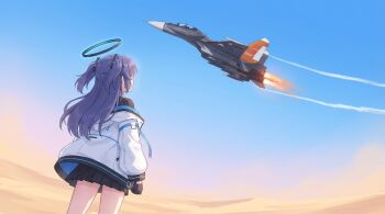 1girl ace_combat ace_combat_7 afterburner aircraft airplane black_gloves black_jacket black_skirt blue_archive blue_jacket blue_sky commentary_request contrail crossover day desert facing_away fighter_jet gloves halo jacket kisaragi_shokuin long_hair looking_afar looking_at_object mechanical_halo mihaly_a_shilage military_vehicle off_shoulder purple_hair skirt sky su-30 two-sided_fabric two-sided_jacket two_side_up white_jacket yuuka_(blue_archive)