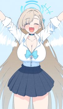 1girl :d ^_^ absurdres asuna_(blue_archive) asuna_(school_uniform)_(blue_archive) black_choker black_skirt blue_archive blue_background blue_bow blue_bowtie blue_halo blue_ribbon blush bow bowtie breasts brown_hair button_gap choker cleavage closed_eyes commentary_request fang hair_ribbon halo highres large_breasts long_hair looking_at_viewer motion_lines open_mouth parangmuru pleated_skirt ribbon shirt simple_background skirt smile solo standing thighs very_long_hair white_shirt
