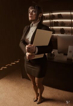 1girl 3d absurdres basketball_hoop black_hair black_jacket black_shoes black_skirt brown_eyes call_of_duty call_of_duty:_black_ops_7 collared_shirt commentary emma_kagan english_commentary full_body high_heels highres indoors jacket long_hair monitor neck_tattoo office_lady shirt shoes skirt solo standing tattoo white_shirt youngiesed