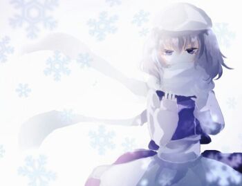 1girl commentary_request cowboy_shot dress grey_hair hat letty_whiterock long_sleeves looking_at_viewer medium_hair mob_cap purple_eyes purple_vest scarf shinjitsu_no_kuchi simple_background snowflakes solo touhou vest white_background white_dress white_hat white_scarf