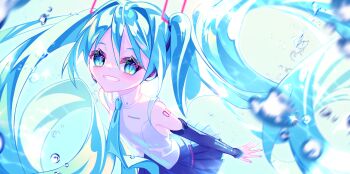 Rule 34 | 1girl, absurdres, aqua nails, aqua trim, bare shoulders, black skirt, black sleeves, blue eyes, blue hair, blue necktie, collared shirt, commentary request, cowboy shot, detached sleeves, hair ornament, hatsune miku, highres, kuronohanpen, long hair, long sleeves, nail polish, necktie, number tattoo, parted lips, pleated skirt, shirt, shoulder tattoo, skirt, sleeveless, sleeveless shirt, smile, solo, tattoo, twintails, vocaloid, water drop, white shirt