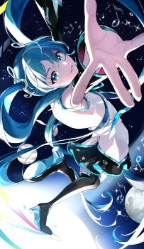 1girl absurdres aqua_eyes aqua_hair aqua_trim black_skirt detached_sleeves fortissimo hair_between_eyes hair_ornament hatsune_miku highres long_hair long_sleeves looking_at_viewer miku_day miniskirt musical_note musical_note_hair_ornament open_mouth shinakou shirt skirt sleeveless sleeveless_shirt solo thigh_strap twintails very_long_hair vocaloid white_shirt wide_sleeves