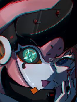 1girl blood blood_on_face blue_eyes broken_mask cracked_kawaii_mask cracked_mask crosshair_pupils green_eyes hand_up hashtag-only_commentary highres humanoid_robot koumilust looking_at_viewer mask mismatched_eyes open_mouth pink_hair portrait robot solo split_theme yutane_johiel zenless_zone_zero