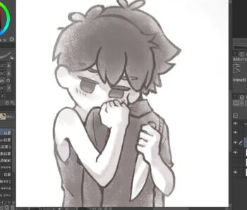 2boys antenna_hair art_program_in_frame black_eyes black_hair black_shirt black_skin black_sweater_vest black_tank_top chinese_commentary collared_shirt colored_skin commentary_request double-parted_bangs hair_between_eyes holding holding_knife hug knife looking_at_viewer male_focus multiple_boys omori omori_(omori) shirt short_hair short_sleeves simple_background stranger_(omori) sweater_vest tank_top thatbirdcanfly unfinished white_background white_skin yaoi