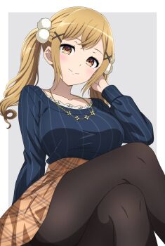 1girl bang_dream! black_pantyhose blue_sweater blush border braid breasts brown_eyes brown_hair brown_skirt closed_mouth commentary_request crossed_legs grey_background highres ichigaya_arisa jewelry large_breasts long_sleeves necklace noshimurin outside_border pantyhose plaid_clothes plaid_skirt simple_background skirt solo sweater thighband_pantyhose twin_braids white_border