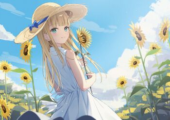 1girl absurdres aqua_eyes blonde_hair blue_bow blue_sky blunt_bangs bow choppy_bangs closed_mouth commentary_request dress flower hat hat_bow highres holding holding_flower light_blush light_smile long_hair looking_at_viewer looking_back original ribbon senri_(senri_sen) sky sleeveless sleeveless_dress solo straw_hat sundress sunflower upper_body white_dress white_ribbon yellow_flower