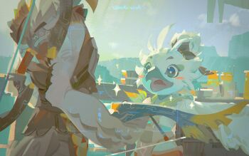 2boys a-shacho beak bird_boy blush bow_(weapon) feathers furry furry_male green_neckerchief hand_wings highres holding holding_bow_(weapon) holding_weapon looking_at_object male_focus multiple_boys neckerchief nintendo open_mouth smile sparkle teba_(zelda) the_legend_of_zelda the_legend_of_zelda:_tears_of_the_kingdom tulin_(zelda) viewfinder weapon white_feathers