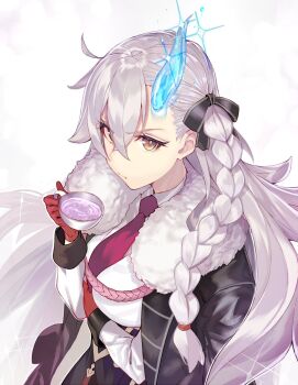 1girl :t ahoge arm_under_breasts black_coat black_ribbon black_wrist_cuffs blue_horns braid breasts chaldea_uniform coat coat_on_shoulders collared_shirt crossed_bangs cup fate/grand_order fate_(series) from_above from_side fur-trimmed_coat fur_trim gloves grey_hair hair_between_eyes hair_ribbon highres holding holding_cup horns hot_drink large_breasts long_hair long_sleeves looking_at_viewer necktie olga_marie_animusphere olga_marie_animusphere_(unbeast) purple_liquid red_gloves red_necktie ribbon see-through_horns shiny_horns shirt side_braid simple_background single_braid single_horn solo sparkle teacup tsukudani_(ore624) v-shaped_eyebrows very_long_hair white_background white_shirt wrist_cuffs yellow_eyes