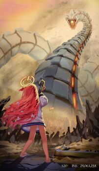 absurdres aircctzillie battle binah_(blue_archive) blue_archive bow from_behind gun hair_bow hair_ornament halo highres holding holding_gun holding_weapon jacket long_hair looking_ahead m320 machine oversized_clothes red_hair rock rubble sand slippers standing thighs weapon white_jacket wide_shot yellow_halo yuzu_(blue_archive)