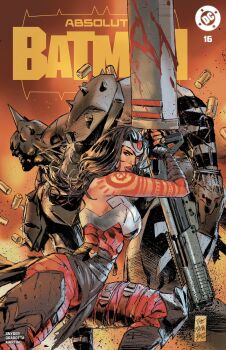 1boy 1girl absolute_batman absolute_dc absolute_wonder_woman arm_tattoo arm_wrap bat_mask batman batman_symbol clay_mann comic_cover dc_comics highres huge_weapon red_tattoo superhero_costume tattoo tattoo_sleeve tiara weapon wonder_woman
