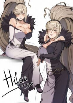 1girl absurdly_long_hair bare_shoulders black_eyes blonde_hair breasts character_name cleavage dress fur_trim heterochromia high_ponytail highres hilda_(under_night_in-birth) large_breasts long_hair looking_at_viewer multicolored_dress off-shoulder_dress off_shoulder ponii ponytail purple_lips red_eyes smile swept_bangs two-tone_dress under_night_in-birth very_long_hair