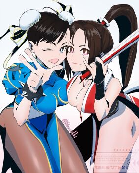 2girls artist_name blue_dress bracelet breasts brown_hair capcom china_dress chinese_clothes chun-li cleavage closed_mouth crossover darunikki double_bun dress female_focus folding_fan hair_bun hand_fan holding holding_fan japanese_clothes jewelry large_breasts long_hair matching_hair/eyes motoyui multiple_girls obi one_eye_closed open_mouth pantyhose pelvic_curtain sash shiranui_mai snk spiked_bracelet spikes street_fighter thick_thighs thighs v watermark wink