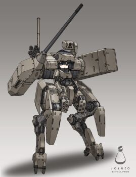 1girl absurdres aqua_eyes armor black_hair cannon commentary_request digitigrade forehead_protector full_body hair_ornament hairclip highres joints looking_at_viewer mecha_musume missile_pod original radio_antenna robot_joints science_fiction smoke_grenade_launcher solo soruto_0w98e standing