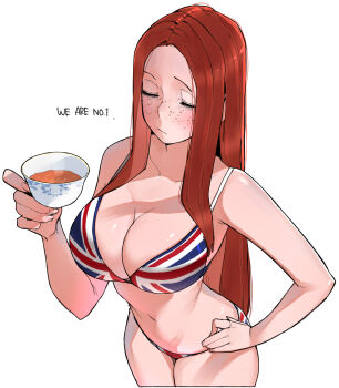 1girl bare_arms bikini breasts brown_hair cleavage closed_eyes closed_mouth collarbone commentary cowboy_shot cup english_text flag_print flag_print_bikini forehead freckles hand_on_own_hip hand_up highres holding holding_cup large_breasts legs long_hair navel ohasi original parted_bangs print_bikini sidelocks simple_background solo swimsuit symbol-only_commentary tea teacup thighs union_jack union_jack_bikini united_kingdom_(ohasi) white_background
