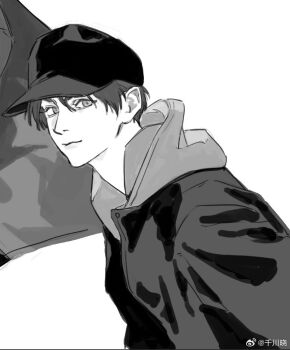 Rule 34 | 1boy, baseball cap, black hair, black jacket, closed mouth, commentary request, eren yeager, grey hoodie, greyscale, hair between eyes, hat, hood, hood down, hoodie, jacket, jacket over hoodie, looking at viewer, male focus, monochrome, parted bangs, senkawaakatsuki, shingeki no kyojin, short hair, solo, upper body, white background