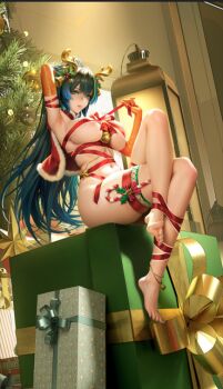 1girl anklet antlers arm_up armpits barefoot bell black_hair blue_hair blush box breasts christmas christmas_ornaments christmas_tree commentary_request elbow_gloves feet full_body fur_trim gift gift_box gloves green_eyes hair_ornament horns indoors jewelry katya_klein large_breasts legs long_hair looking_at_viewer mr_xior multicolored_hair nail_polish naked_ribbon navel red_gloves red_ribbon ribbon sitting snowbreak:_containment_zone solo toenail_polish toenails toes very_long_hair