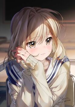 Rule 34 | 1girl, almic, blonde hair, blurry, blurry background, brown hair, closed mouth, commentary request, depth of field, film grain, hair between eyes, hands up, highres, indoors, long bangs, long hair, long sleeves, original, sailor collar, signature, solo, sweater, swept bangs, upper body, white sailor collar, yellow sweater