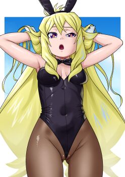 1girl agnes_(gegege_no_kitarou_6) animal_ear_hairband animal_ears black_bow black_bowtie black_leotard black_pantyhose blonde_hair blue_eyes bow bowtie breasts detached_collar fake_animal_ears gegege_no_kitarou hairband highres leotard long_hair looking_at_viewer matsuda_shin pantyhose playboy_bunny rabbit_ears skindentation small_breasts solo strapless strapless_leotard wedgie wrist_cuffs