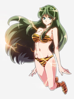 1girl animal_print aqua_eyes bare_shoulders bikini blue_eyeshadow boots breasts commentary_request eyeshadow floating floating_hair green_hair hip_bones horns large_breasts lightning long_hair looking_to_the_side lum makeup midriff navel pointy_ears sideboob solo strapless strapless_bikini swimsuit tiger_print tzgn urusei_yatsura yellow_bikini yellow_boots yellow_horns