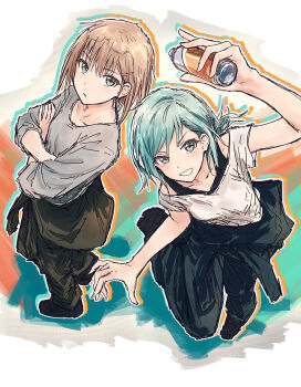 2girls absurdres aqua_eyes aqua_hair bang_dream! bang_dream!_girls_band_party! bare_shoulders black_jacket black_pants black_tank_top blue_jacket blue_pants brown_hair clothes_around_waist collarbone commentary crossed_arms from_above full_body grey_eyes grey_shirt grin hair_ornament hairclip highres hikawa_hina holding holding_spray_can jacket jacket_around_waist looking_at_viewer multiple_girls off-shoulder_shirt off_shoulder pants parted_lips shirt short_hair short_sleeves smile spray_can tank_top three-quarter_sleeves white_shirt yamato_maya yukitake_(bullfalk)