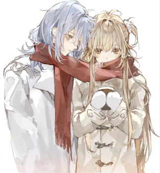 2girls blonde_hair blue_eyes blue_hair brown_coat brown_eyes coat couple cup duffel_coat gloves highres holding holding_cup konosekaino920 long_hair mittens multiple_girls original red_scarf scarf shared_clothes shared_scarf two_side_up white_coat white_gloves winter_clothes yuri