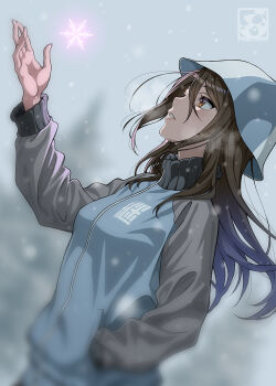 Rule 34 | 1girl, arm up, artist logo, artist name, blue hat, blue jacket, blurry, blurry background, brown eyes, brown hair, depth of field, from side, girls und panzer, glowing, hair between eyes, hat, highres, jacket, logo, long hair, long sleeves, looking up, mika (girls und panzer), outdoors, pairan, parted lips, snowflakes, snowing, solo, track jacket, tulip hat, turtleneck, turtleneck jacket, upper body