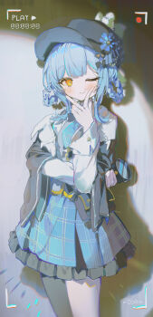 1girl absurdres asymmetrical_legwear bird_hat_ornament black_bag black_capelet black_pantyhose blue_hair blue_necktie blue_skirt braid braided_hair_rings capelet coria cowboy_shot deerstalker detective frilled_skirt frills gloves hair_rings hand_on_own_cheek hand_on_own_face hat highres holding holding_magnifying_glass long_sleeves looking_at_viewer magical_girl magnifying_glass mahou_shoujo_no_majo_saiban necktie one_eye_closed orange_eyes pantyhose plaid_clothes plaid_skirt pleated_skirt recording shirt simple_background skirt solo standing tachibana_sherry v viewfinder white_gloves white_pantyhose white_shirt yellow_eyes