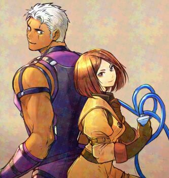 1girl back-to-back brown_eyes brown_hair chazonoo dark-skinned_male dark_skin formal_clothes gloves highres krizalid latex leather looking_at_viewer looking_back medium_hair military pale_skin short_hair skirt smile smiley_face standing tank_top the_king_of_fighters whip_(kof) white_hair