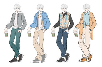 1boy absurdres alternate_costume aqua_pants artist_collaboration black_shirt black_shoes blue_eyes blue_jacket blue_shirt closed_mouth coat commentary cup disposable_coffee_cup disposable_cup english_commentary grey_jacket hand_in_pocket highres holding holding_cup honkai_(series) honkai_impact_3rd hood hoodie jacket kevin_kaslana long_sleeves looking_at_viewer male_focus multiple_views orange_coat orange_shoes pants reference_sheet sang_sha shirt shirt_partially_tucked_in shoes short_hair simple_background sketch vest white_background white_hair white_hoodie white_shirt yellow_pants yellow_vest zelian