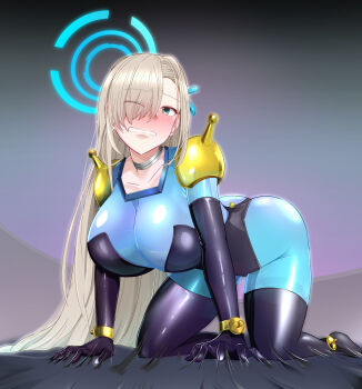 1girl all_fours asuna_(blue_archive) asymmetrical_bangs blue_archive blue_bodysuit blue_eyes blue_halo blush bodysuit bow breasts brown_hair cosplay g_gundam gundam hair_over_one_eye halo highres impossible_bodysuit impossible_clothes kagitsume large_breasts light_brown_hair long_hair looking_at_viewer mecha_pilot_suit mobile_trace_suit multicolored_bodysuit multicolored_clothes one_eye_closed pilot_suit rain_mikamura rain_mikamura_(cosplay) shiny_clothes skin_tight solo two-tone_bodysuit wince