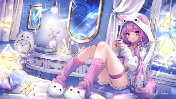 1girl absurdres aki_kakao animal_ear_hood animal_ears animal_hood animal_slippers bloomers book bow chair clock commentary_request crop_top cup fake_animal_ears fox_ears fox_girl fox_tail guild_cq hair_bow hanging_light highres holding holding_cup hood hood_up hooded_jacket jacket lamp leg_warmers long_hair long_sleeves looking_at_viewer low_twintails makeup_brush midriff mirror mug pink_leg_warmers plaid_bow purple_eyes purple_hair quon_tama sitting slippers smile solo table tail teapot twintails underwear vanity_table virtual_youtuber watermark white_bloomers white_hood white_jacket white_slippers window