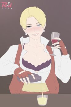1girl absurdres bar bartender belt blonde_hair blue_eyes breasts cleavage earrings female_focus formal_clothes glass gloves highres jacket jewelry king_(snk) large_breasts long_sleeves open_clothes pale_skin pants r3dfive shirt short_hair smile suit the_king_of_fighters tuxedo white_shirt