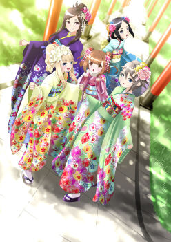 Rule 34 | 5girls, :d, :o, ange (princess principal), bad anatomy, bad hands, beatrice (princess principal), black hair, blonde hair, blue eyes, blue kimono, blush, brown eyes, brown hair, day, dorothy (princess principal), double bun, dutch angle, floral print, flower, grass, green kimono, grey eyes, grey hair, hair bun, hair flower, hair ornament, highres, japanese clothes, kimono, long hair, looking at viewer, multiple girls, nengajou, new year, obi, open mouth, outdoors, pink kimono, princess (princess principal), princess principal, purple kimono, sandals, sash, sidelocks, smile, taniguchi gou, toudou chise, white legwear, wide sleeves