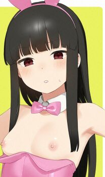 1girl alternate_costume animal_ear_hairband animal_ears black_hair blonde_hair blunt_bangs blush bow bowtie breasts collarbone detached_collar fake_animal_ears film_grain hairband hatsuyuki_(kancolle) kantai_collection leotard long_hair looking_at_viewer nipples pink_bow pink_bowtie pink_hairband pink_leotard rabbit_ear_hairband rabbit_ears red_eyes sakiecho sidelocks simple_background small_breasts solo strapless strapless_leotard sweat upper_body white_background