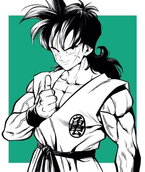 Rule 34 | 1boy, commentary, cross scar, dougi, dragon ball, dragonball z, facial scar, green background, greyscale with colored background, highres, lee (dragon garou), long hair, male focus, muscular, muscular male, official style, scar, scar on cheek, scar on face, smile, solo, thumbs up, toriyama akira (style), upper body, veins, wristband, yamcha