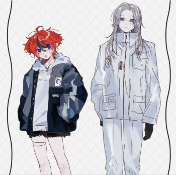 2girls aotsuki_eito black_gloves black_hair black_jacket black_shorts blue_eyes closed_mouth commentary drawstring eyelashes eyes_visible_through_hair genderswap genderswap_(mtf) glasses gloves grey_hair grey_jacket hair_between_eyes hands_in_pockets height_difference high_collar highres hood hood_down hoodie jacket jacket_over_hoodie long_hair long_sleeves multicolored_hair multicolored_jacket multiple_girls open_clothes open_jacket open_mouth pants pocket red_hair short_hair shorts streaked_hair sumino_takumi the_hundred_line_-last_defense_academy- thigh_strap torn_clothes torn_shorts tsurime two-tone_hair two-tone_jacket two_side_up white_background white_hoodie white_jacket white_pants yasose zipper_pull_tab