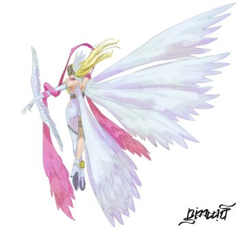 1girl angel angewomon ass blonde_hair digimon digimon_(creature) digimon_adventure feathered_wings from_behind helmet highres long_hair multiple_wings nimadj pink_ribbon ribbon signature solo white_wings wings wrist_wings