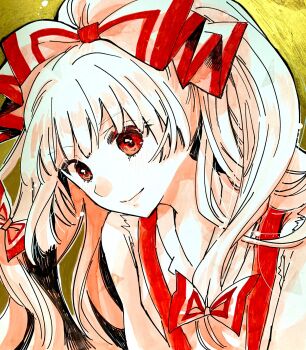 1girl absurdres alternate_hairstyle fujiwara_no_mokou hair_ribbon highres iori_(akaringo) long_hair ponytail red_eyes ribbon sleeveless solo touhou white_hair yellow_background